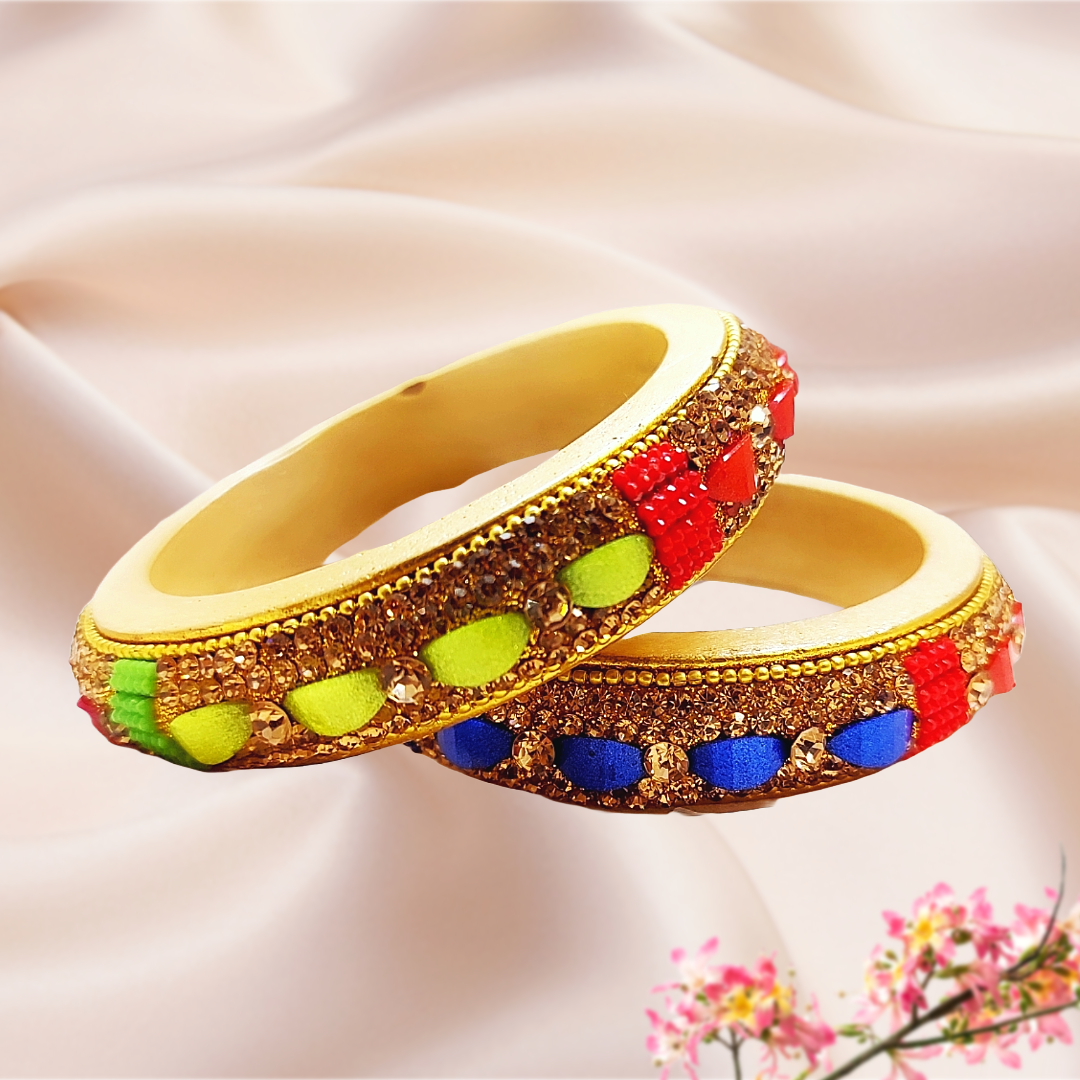 Lac Bangles - Cream Lac with Multi-Color Beads (Set of 2) - Ahaeli