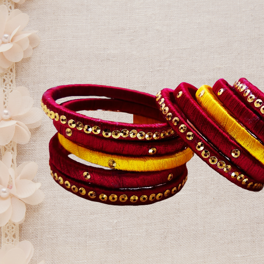 Silk Bangles - Maroon and Yellow - Ahaeli