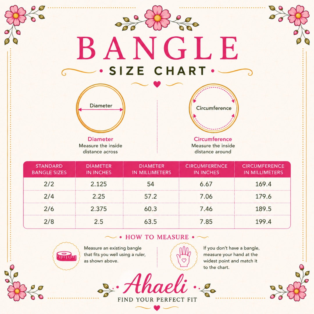 Ahaeli bangle size chart showing standard bangle sizes with diameter and circumference measurements along with a measurement guide.