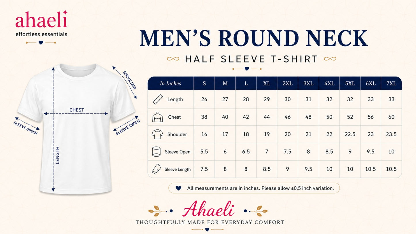 Ahaeli men's round neck half sleeve T-shirt size chart showing chest, length, shoulder, sleeve length and sleeve opening measurements in inches.