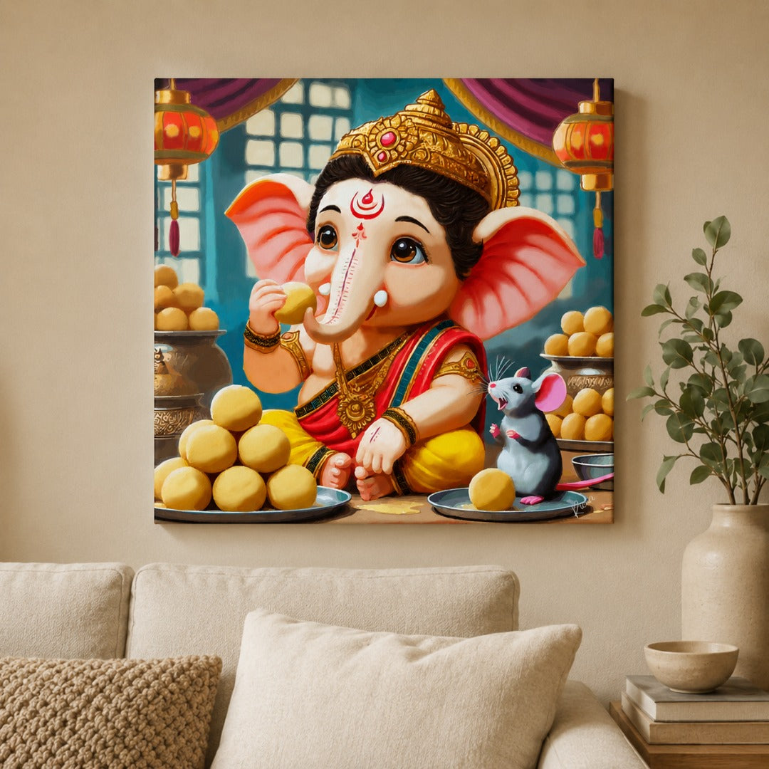 Bal Ganesha painting featuring Lord Ganesha in a childlike form with laddus and a mouse companion, contemporary devotional art canvas by Ahaeli.