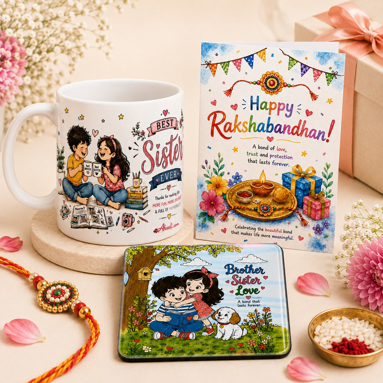 Best Sister Classic Rakhi gift hamper with premium Best Sister ceramic mug, Raksha Bandhan greeting card, and Brother Sister Love fridge magnet