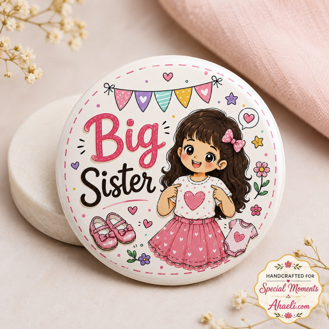 Big Sister baby shower badge featuring a cute little girl illustration on a premium round pin for sibling announcement celebrations