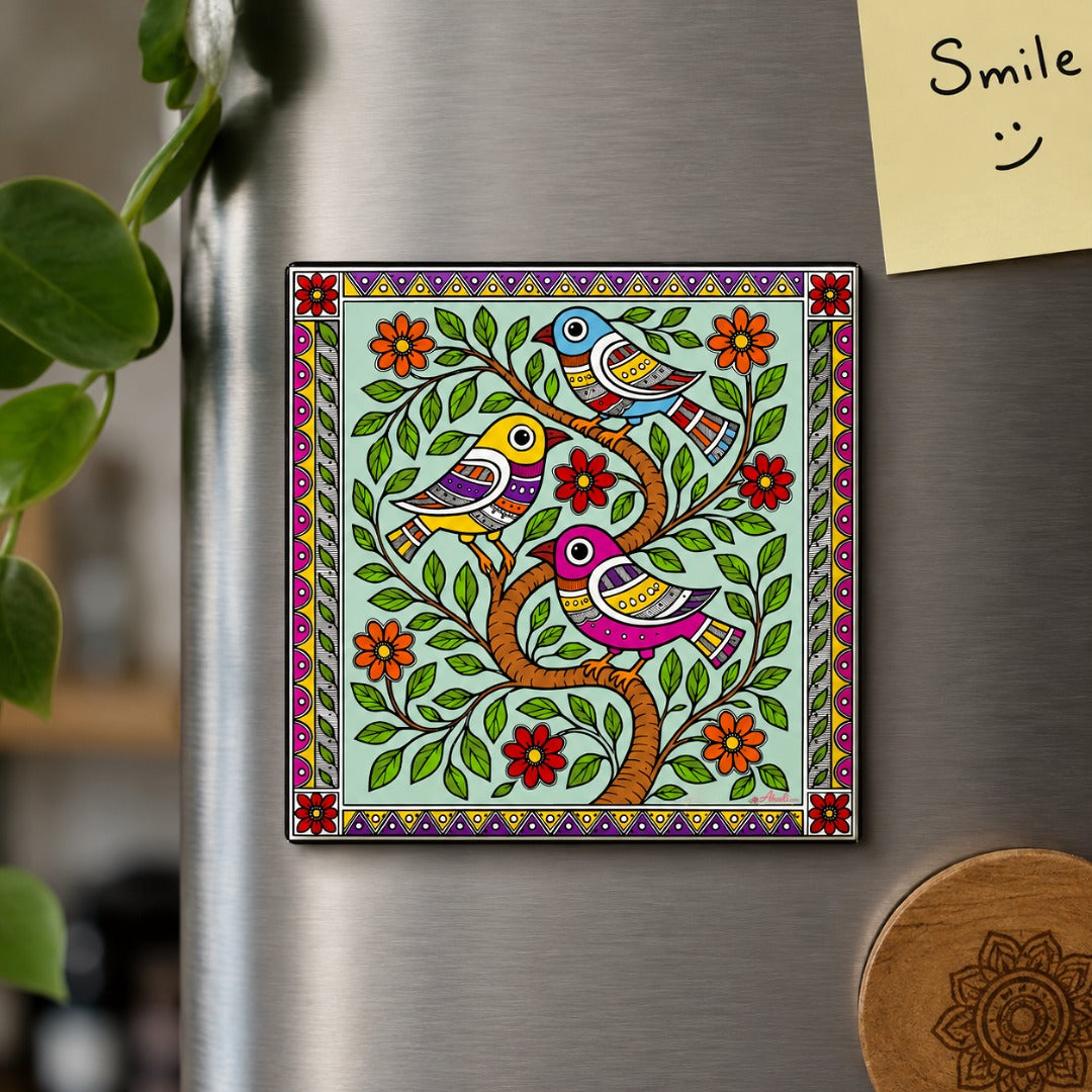 Birds on a Tree Fridge Magnet featuring colorful birds, flowers, and traditional Mithila folk art in a vibrant Madhubani painting style.