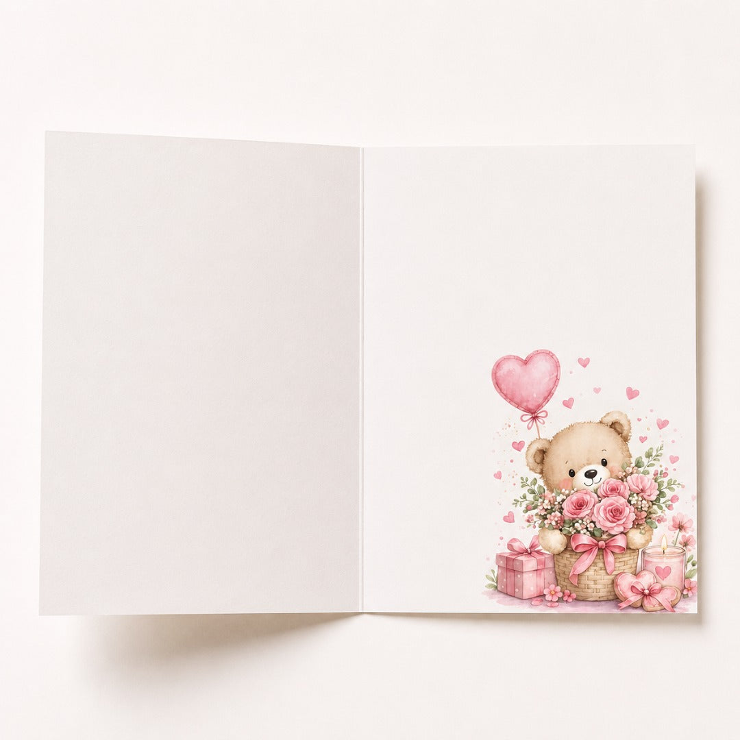 Open birthday card for girlfriend with watercolor teddy bear, pink flowers and romantic floral design inside