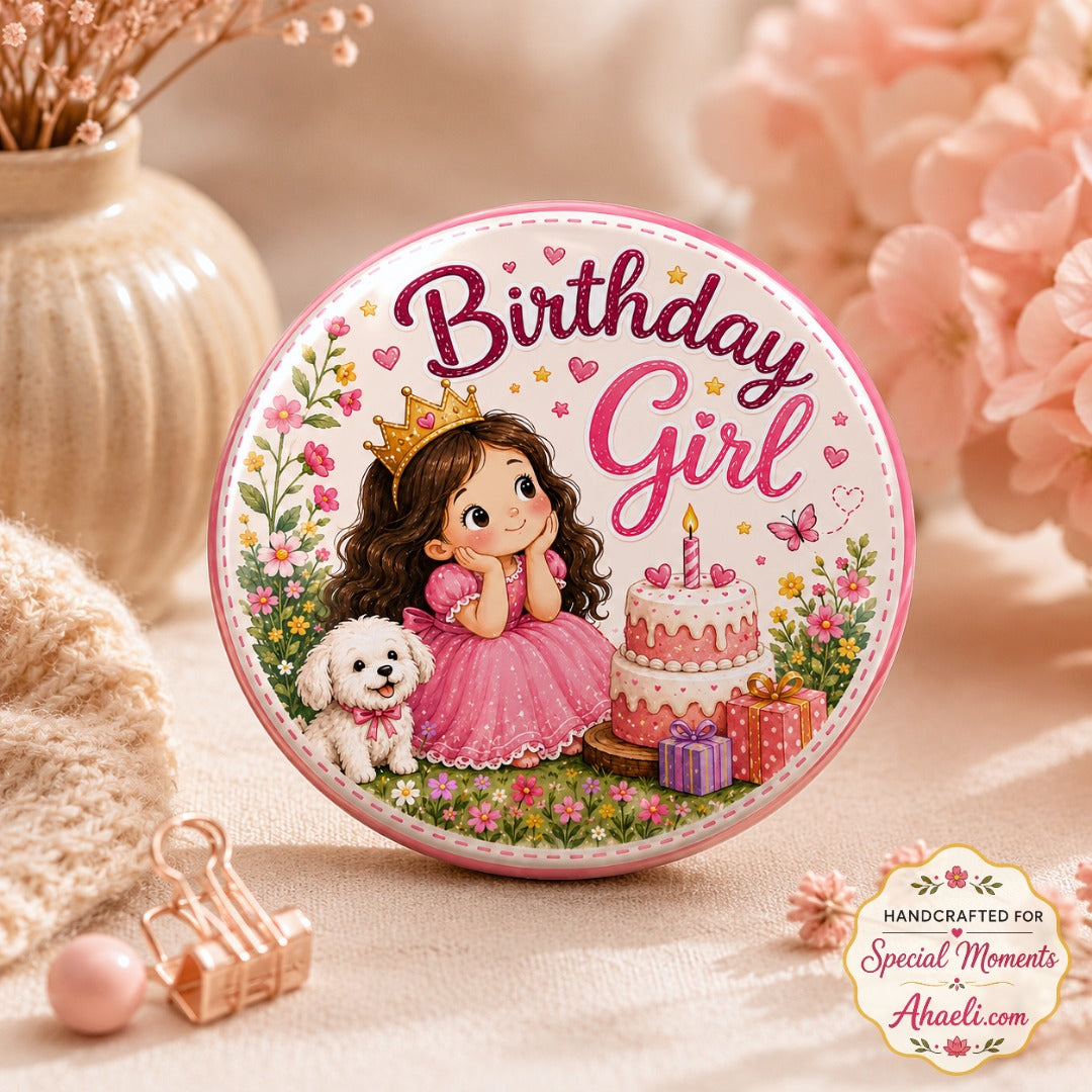 Cute Birthday Girl Princess Badge with Pink Dress, Birthday Cake, Puppy and Floral Party Design