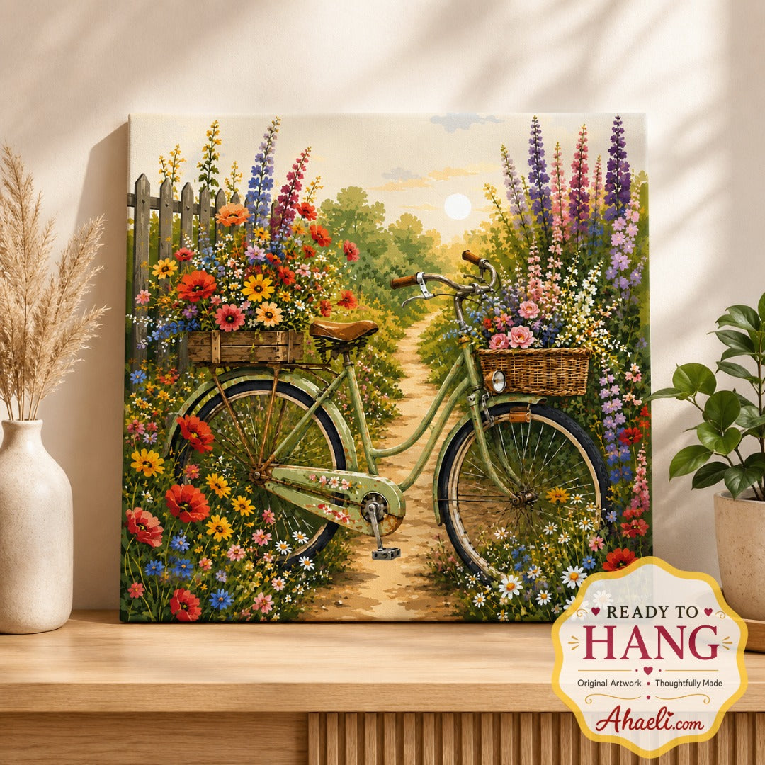 Blooming garden bicycle painting with colorful flowers and vintage bicycle