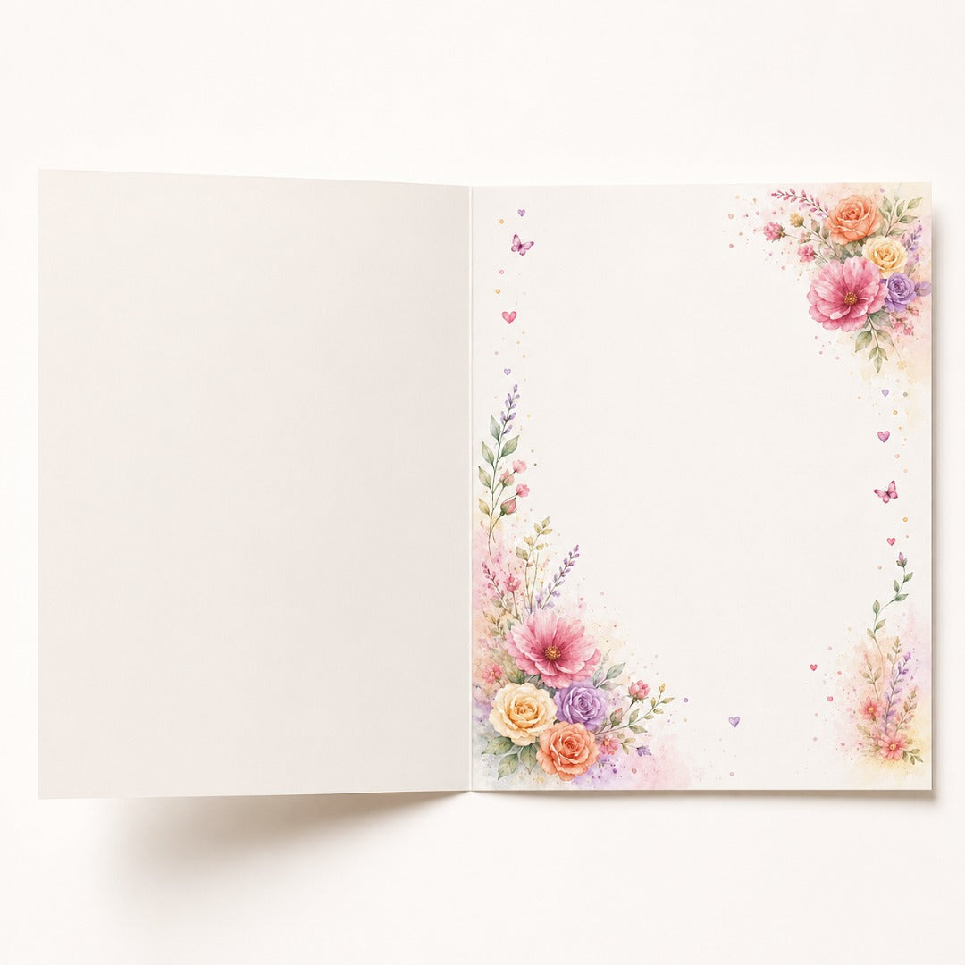 Open Blossom Wishes birthday card with watercolor floral border and blank space for a personal message