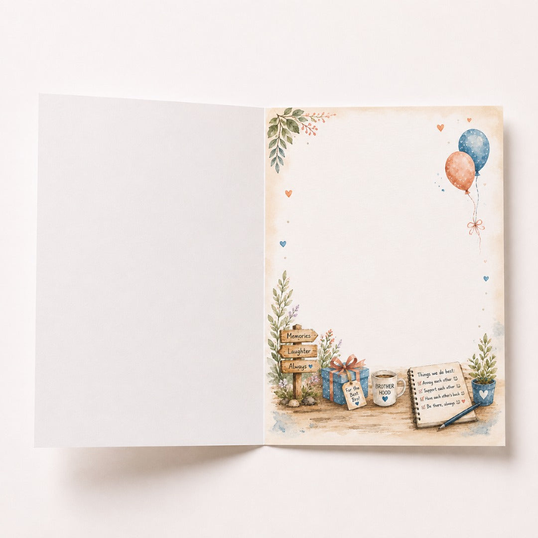 Inside of watercolor brother birthday greeting card with decorative brother-themed artwork