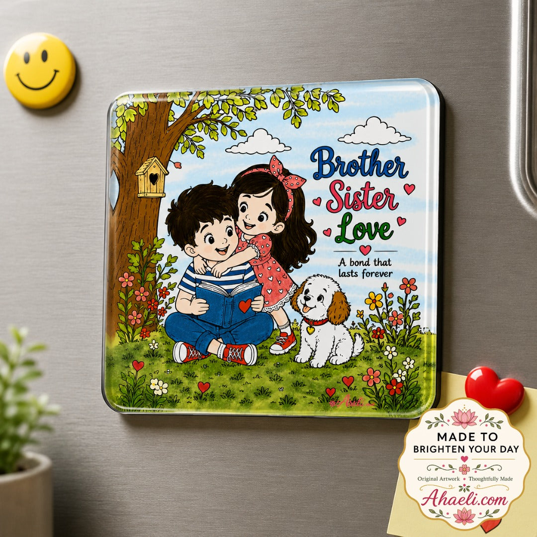 Brother Sister Love acrylic fridge magnet featuring a cute brother, sister and pet dog illustration, perfect as a sibling gift and home décor.