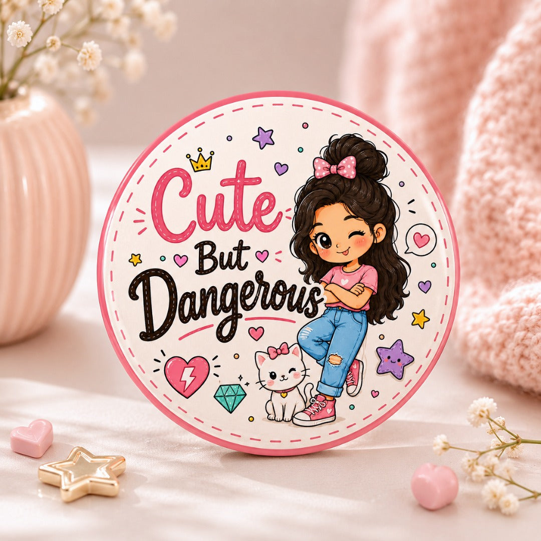 Cute But Dangerous kawaii girl badge featuring an adorable cartoon girl with a cute kitten on a premium glossy 58mm round glossy pin button.