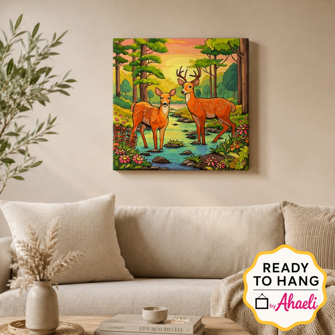 Deer pair standing in a forest stream surrounded by trees, flowers, and woodland scenery, wildlife nature art canvas painting for home décor.