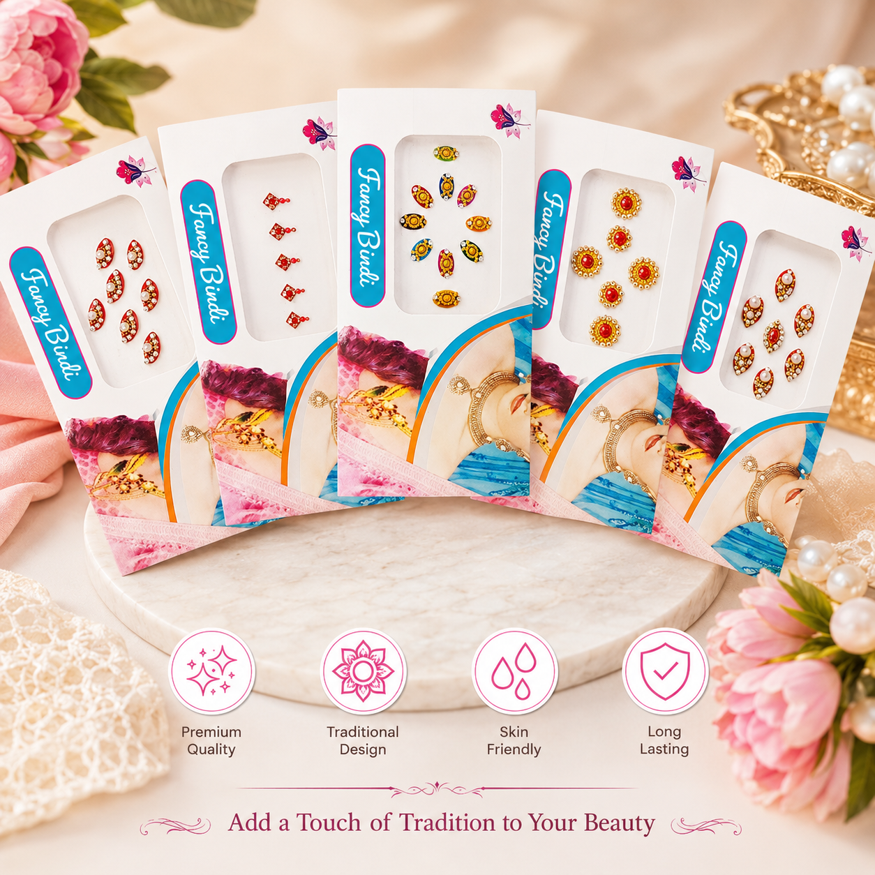 Premium designer bindi collection featuring assorted traditional Indian fancy bindis for weddings, festivals and everyday ethnic wear.