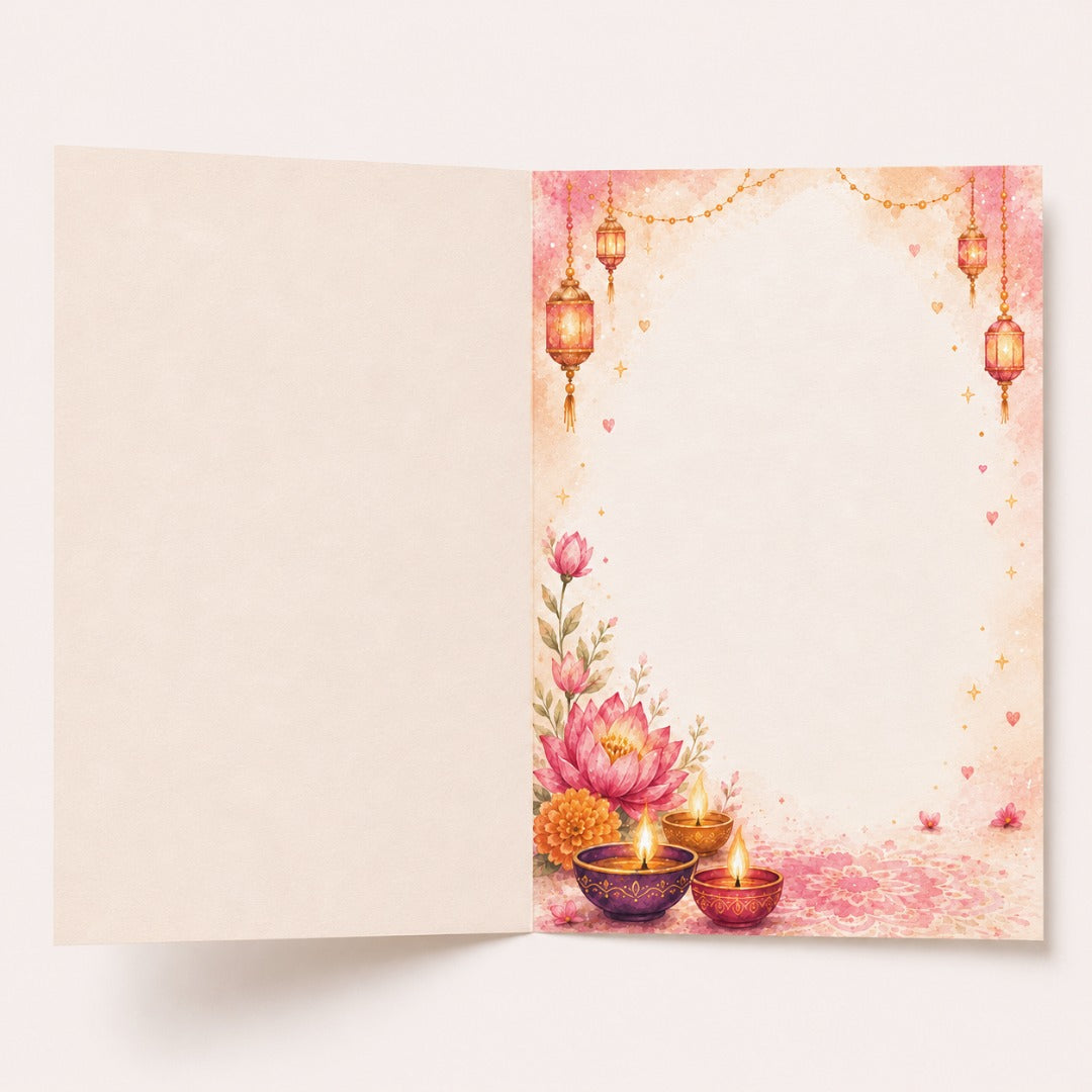 Inside of watercolor elephant Diwali greeting card with decorative diyas, lotus flowers, lanterns and blank message space
