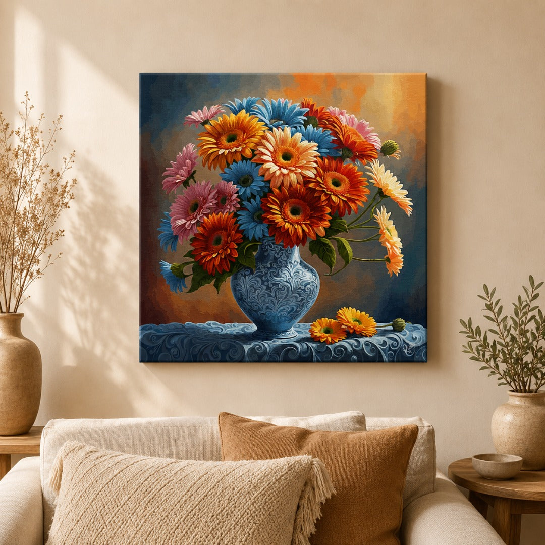 Floral vase painting featuring a colorful bouquet of flowers in an ornate blue vase, elegant floral wall art canvas for home décor.
