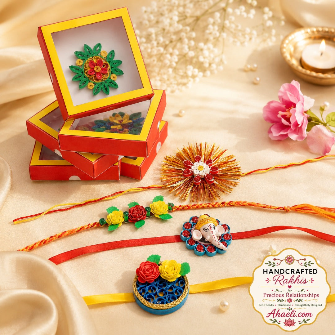 Handcrafted paper quilling rakhi set of 5 featuring eco-friendly handmade floral and decorative designs
