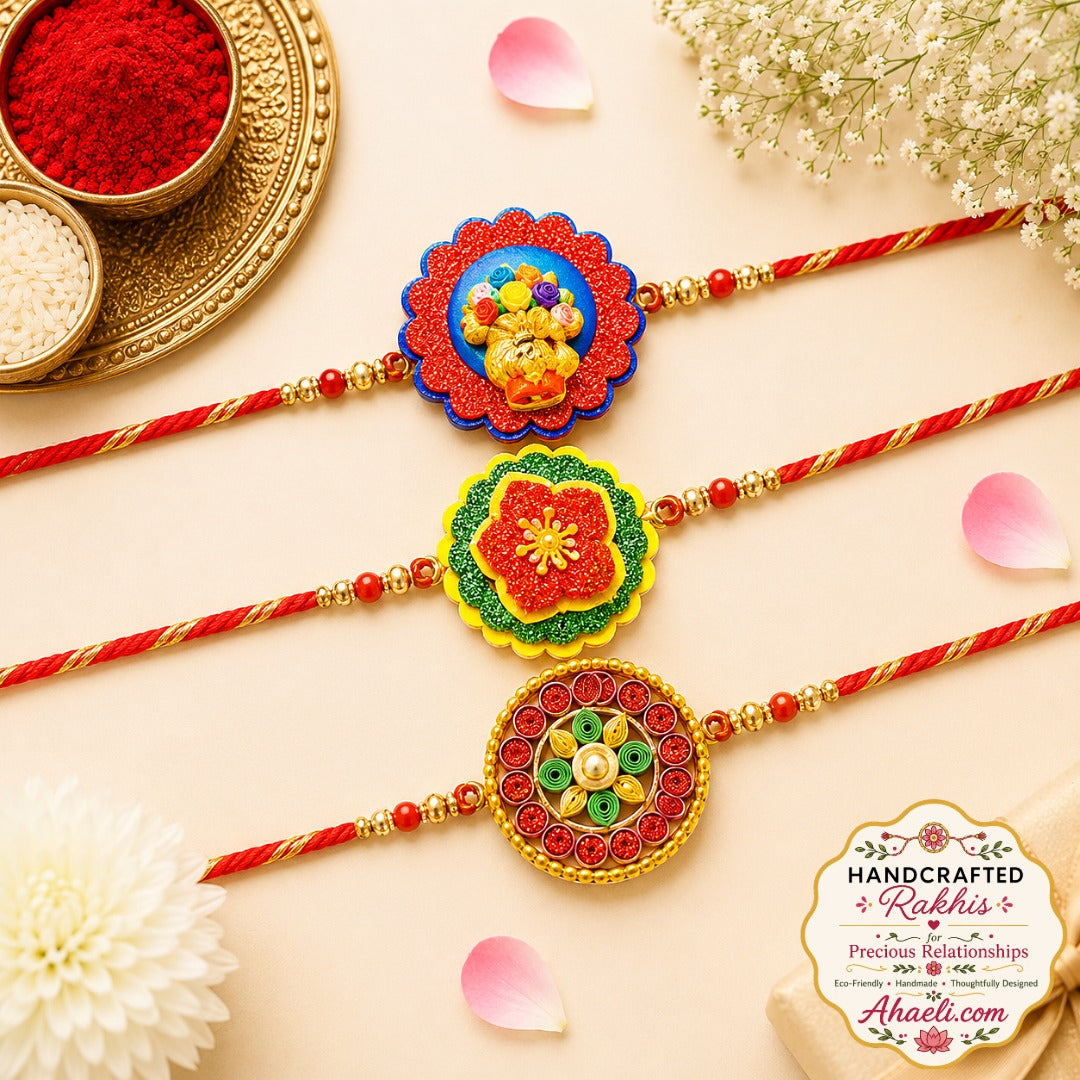 Handmade floral rakhi set of 3 made from paper and clay featuring eco-friendly handcrafted floral designs for Raksha Bandhan