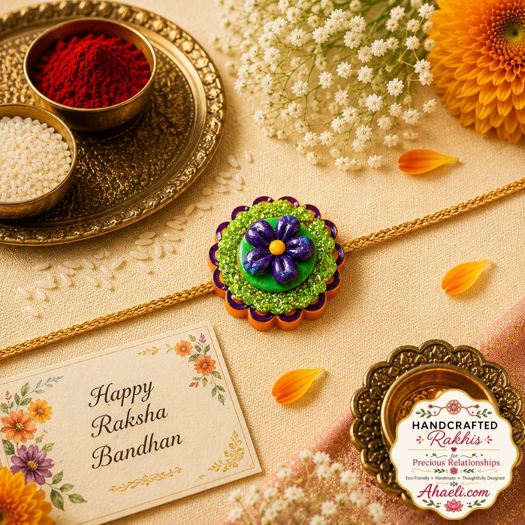 Handmade Forget-Me-Not flower rakhi made from paper and clay with eco-friendly handcrafted floral design