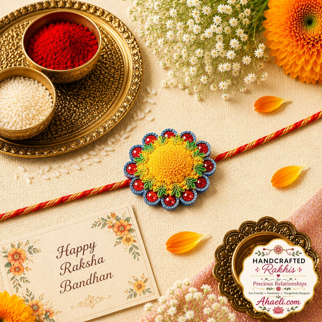 Handmade Golden Chrysanthemum Rakhi made from paper and clay with eco-friendly floral design for Raksha Bandhan