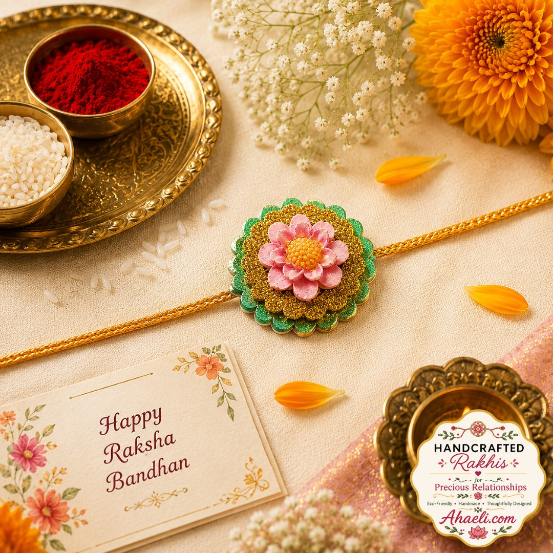 Handmade paper and clay floral rakhi featuring a chrysanthemum-inspired design for Raksha Bandhan.
