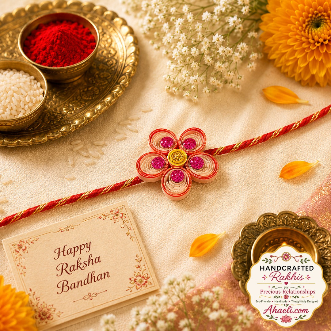 Handmade paper quilled Blossom Petal Rakhi featuring a five-petal floral design for Raksha Bandhan.
