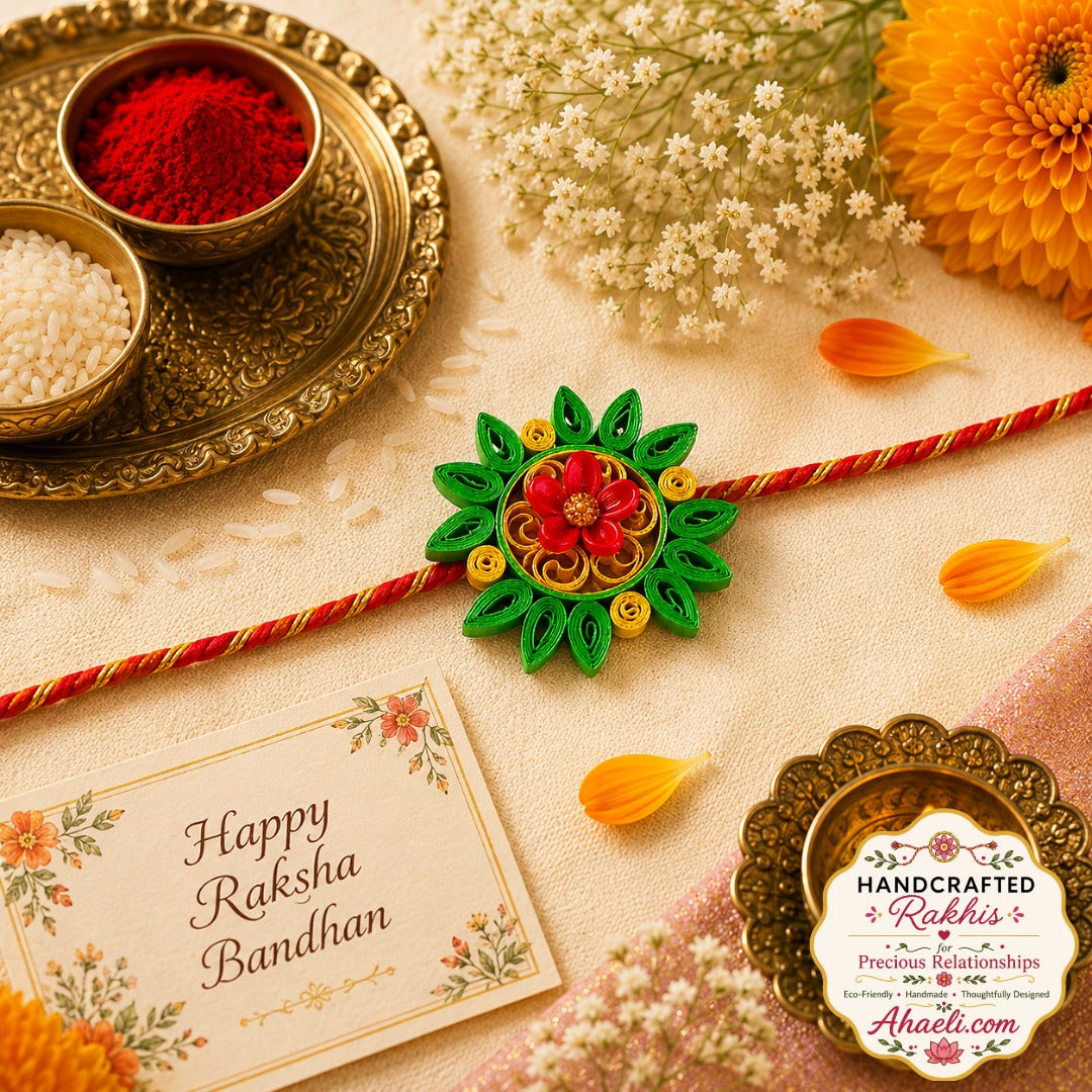 Handmade paper quilled floral mandala rakhi featuring green leaf petals and red flower design for Raksha Bandhan.