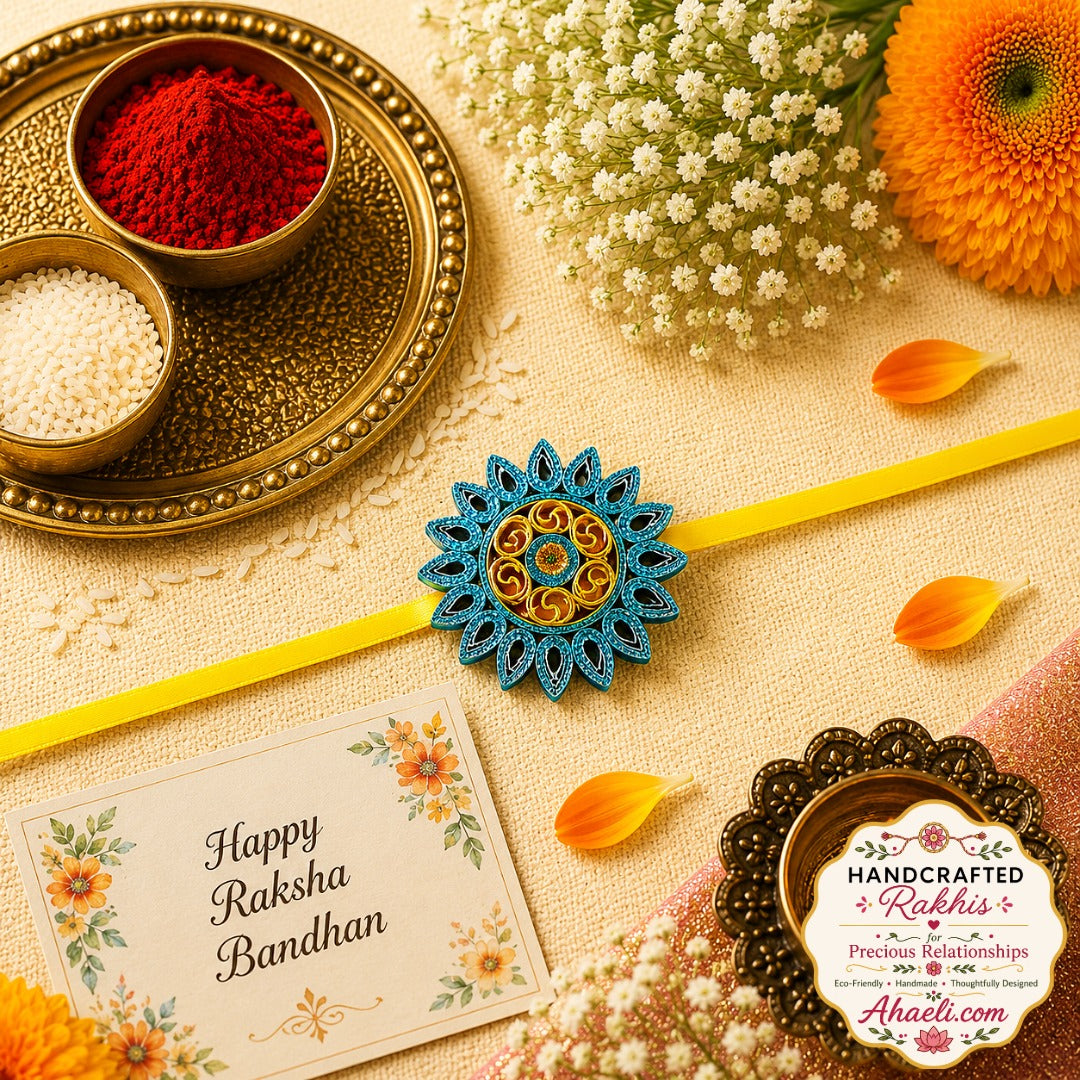 Handmade Paper Quilled Mandala Rakhi with intricate circular design – Eco-Friendly Raksha Bandhan Rakhi