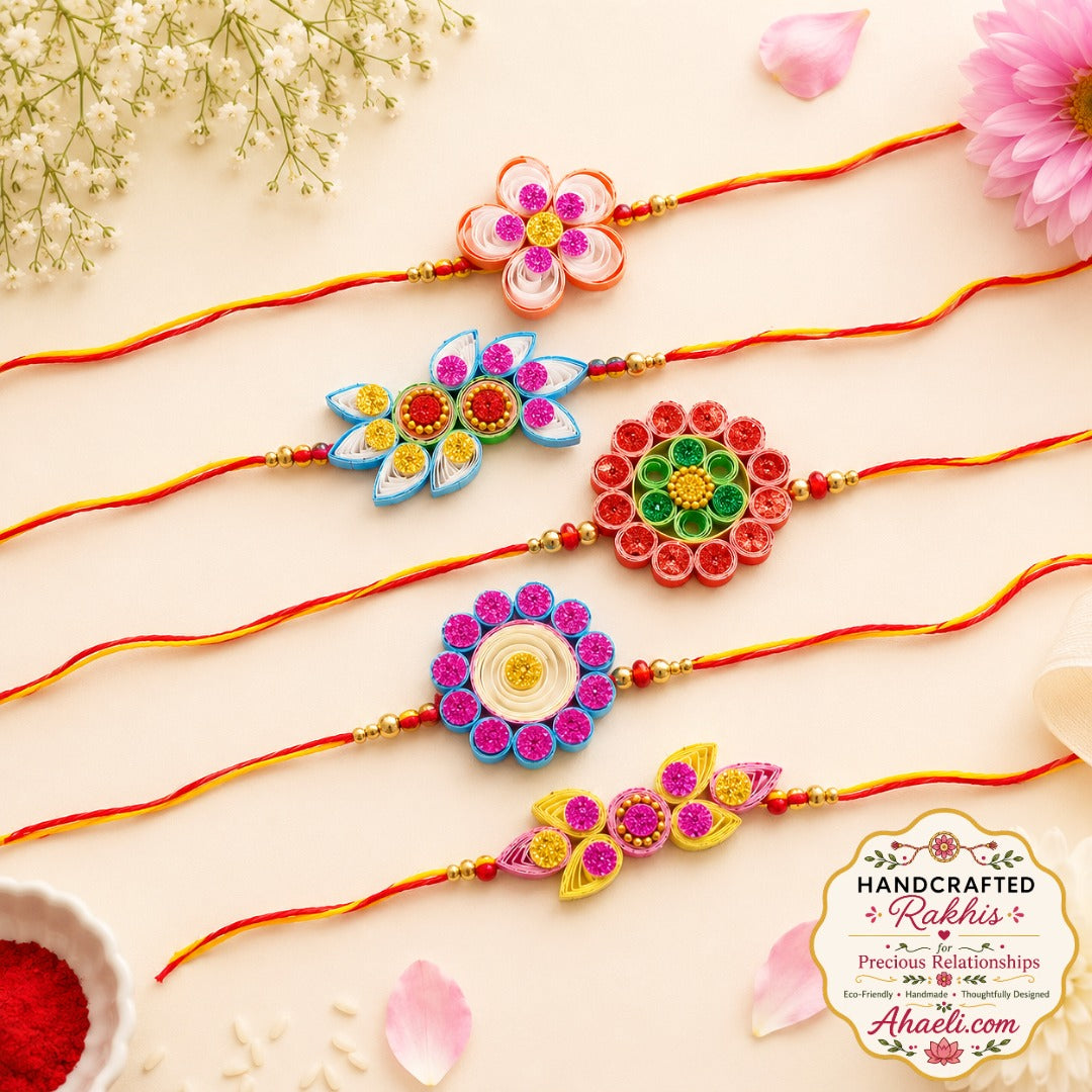Handmade paper quilled rakhi set of 5 featuring eco-friendly floral quilling designs for Raksha Bandhan