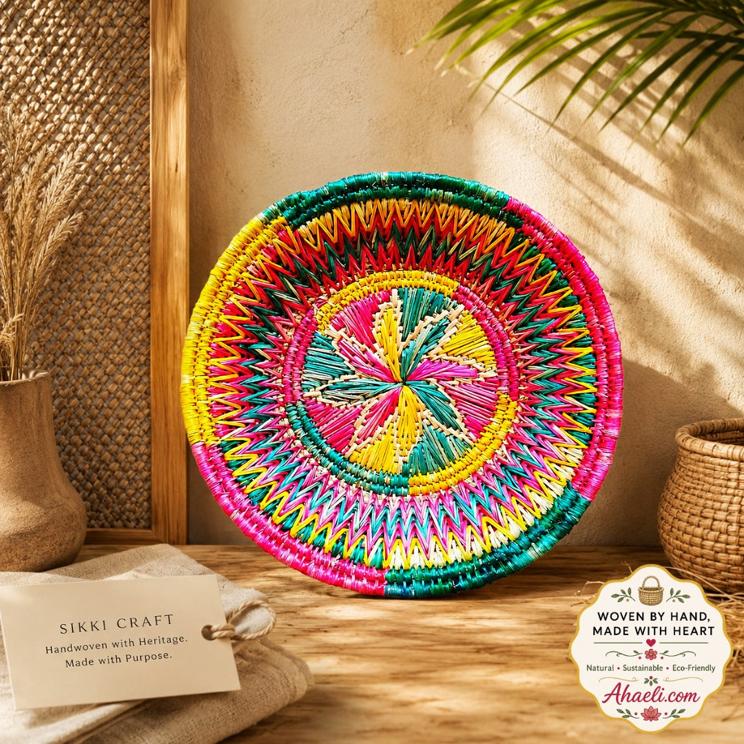 Handwoven floral Sikki grass decorative basket handmade by Bihar artisans for wall décor, fruit display and sustainable home decoration
