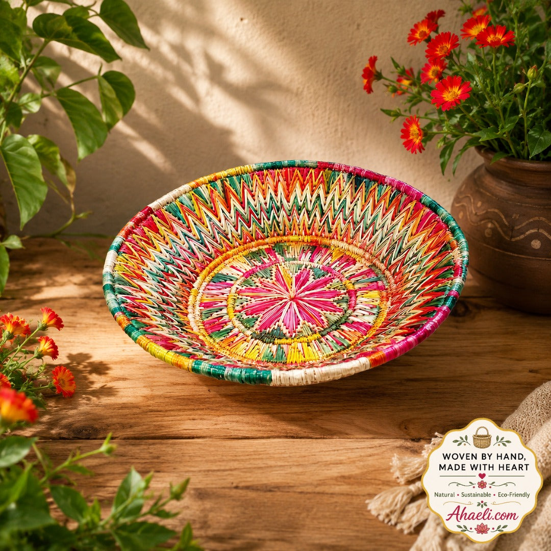 Handwoven Sikki grass decorative basket made by women artisans in Bihar, ideal for home décor, wall decoration, and fruit display