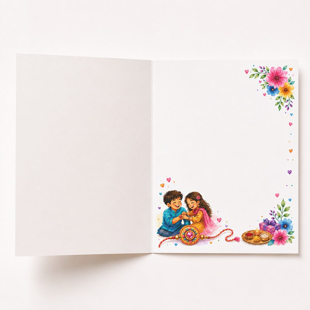 Open Raksha Bandhan card for brother with watercolor brother sister illustration, rakhi and floral design inside