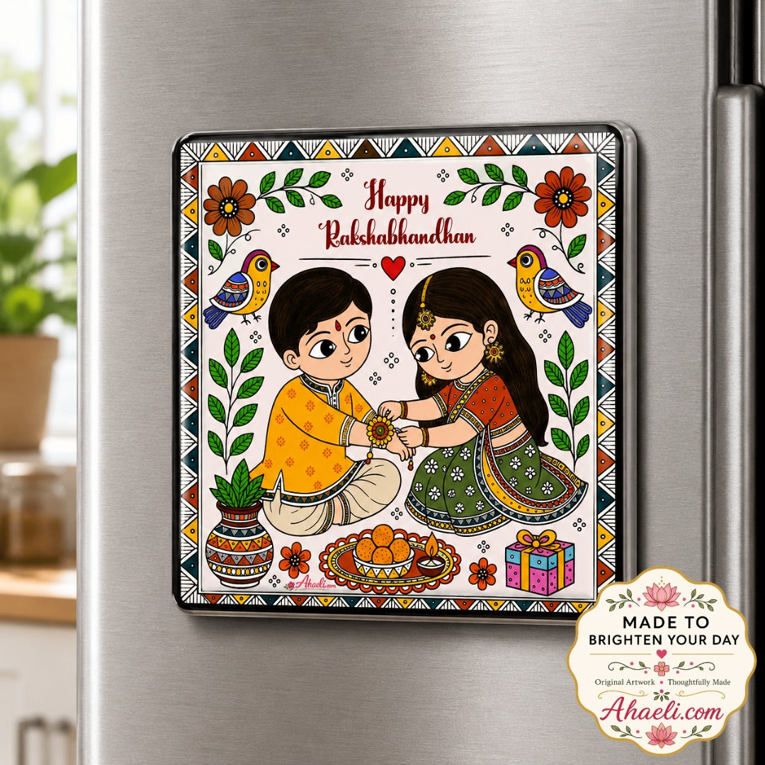 Happy Rakshabandhan acrylic fridge magnet featuring Madhubani art of a sister tying rakhi to her brother, displayed on a refrigerator.