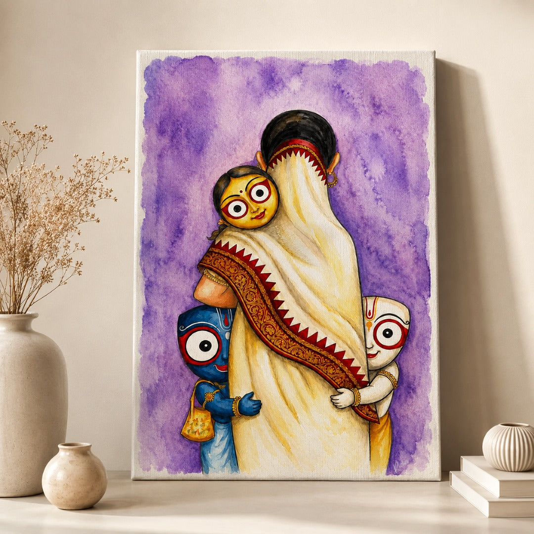 Jagannath Family canvas painting 20 x 30 inch displayed in a modern living room with premium wall décor.