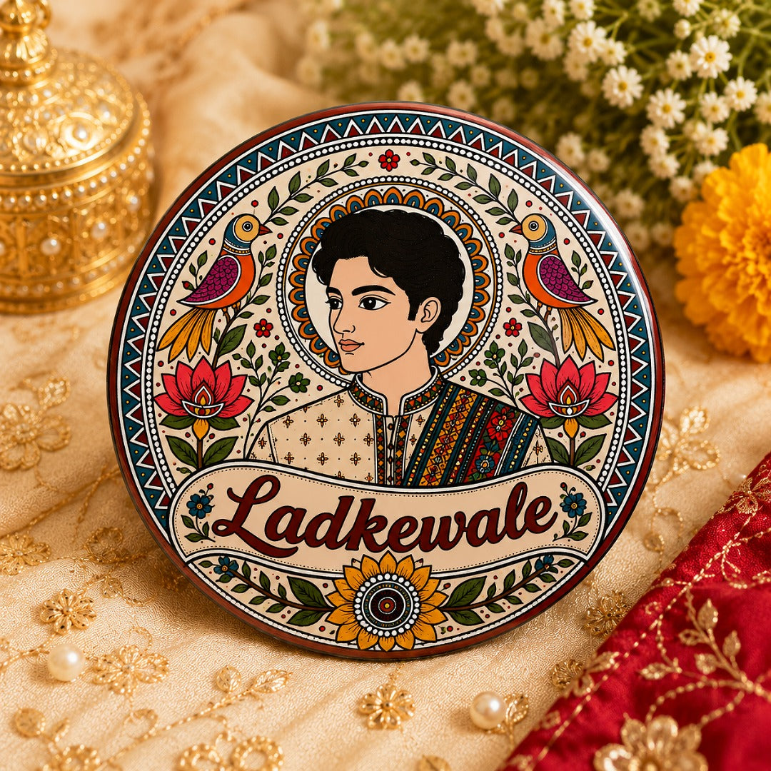 Ahaeli Ladke Wale wedding badge featuring Madhubani art inspired groom side design