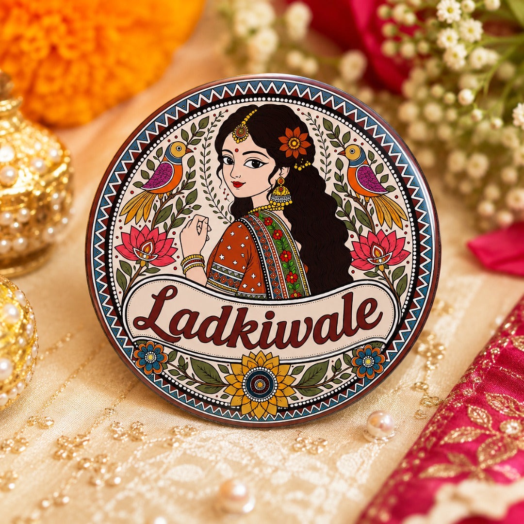 Ladkiwale Wedding Badge with Madhubani art design for bride's family and wedding celebrations.