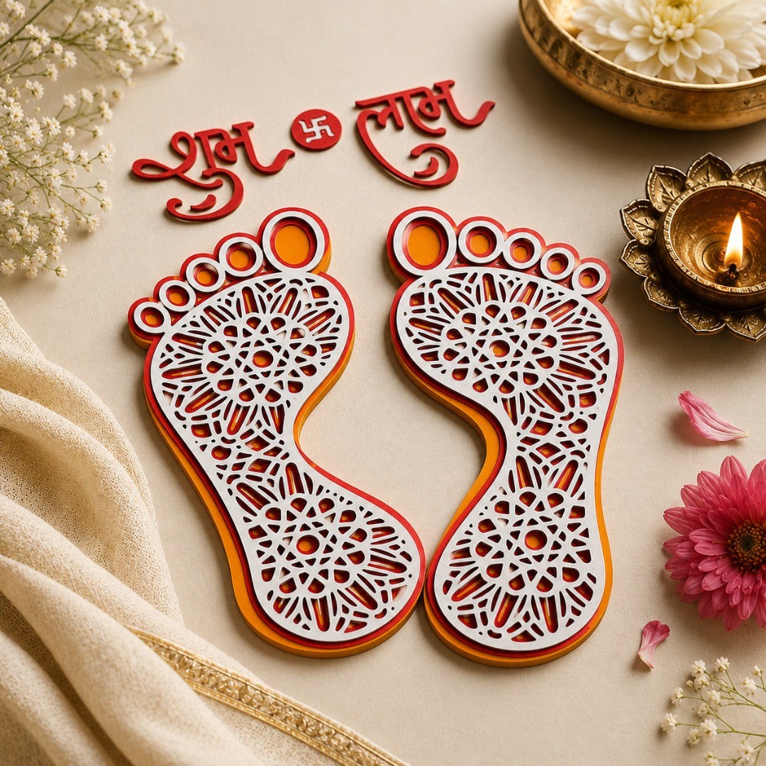 Layered Laxmi Mandala Paduka template featuring intricate mandala foot design, ideal for Diwali decor, laser cutting, CNC, Cricut and handmade crafts.
