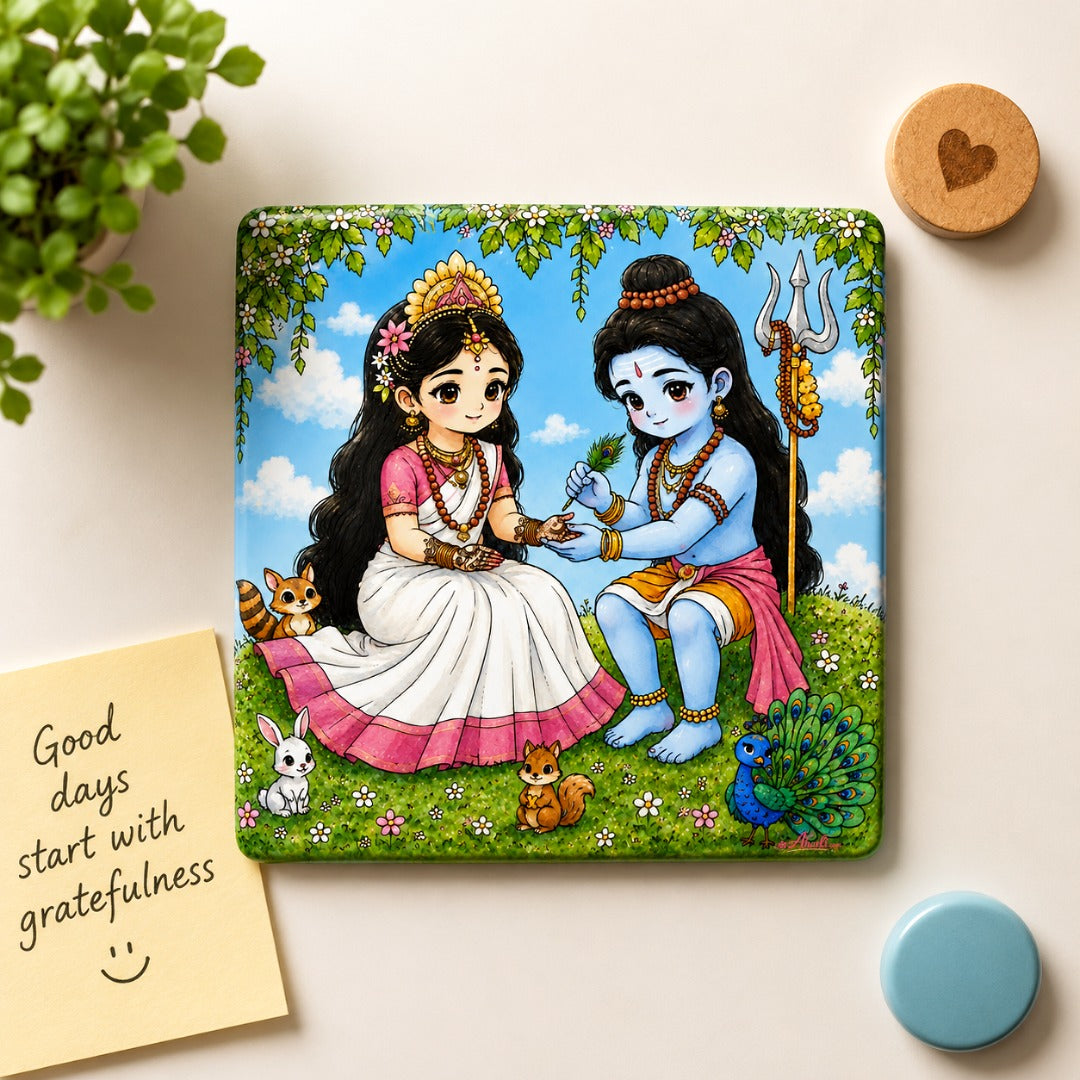Lord Shiva Parvati Fridge Magnet – Square Acrylic Magnet Featuring Divine Love Artwork