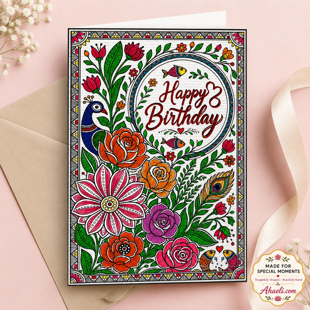 Madhubani Bloom birthday greeting card featuring colorful floral Indian folk art illustration