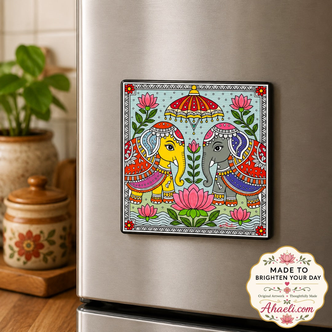 Royal Elephant Fridge Magnet featuring traditional Mithila folk painting with colorful elephants, lotus flowers, and Madhubani art motifs.