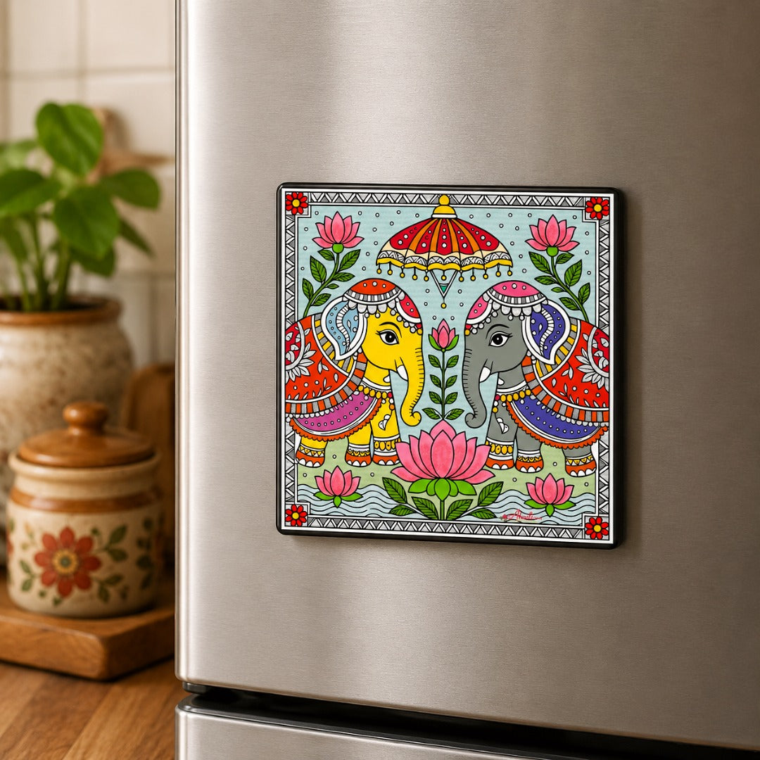 Royal Elephant Fridge Magnet featuring traditional Mithila folk painting with colorful elephants, lotus flowers, and Madhubani art motifs.