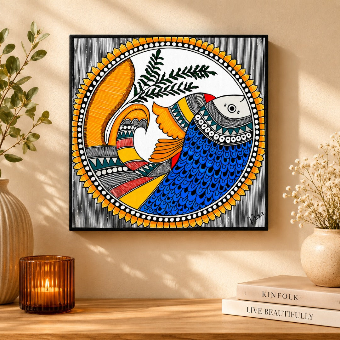 Madhubani fish painting featuring a vibrant blue fish, intricate Mithila folk art patterns, decorative motifs, and traditional Indian folk art symbolism on canvas.