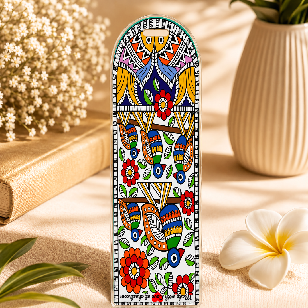 Madhubani Floral Birds Acrylic Bookmark featuring vibrant Mithila folk art with colorful birds and floral motifs, perfect for book lovers and gifting.