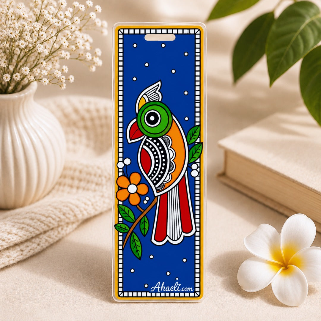 Madhubani inspired parrot acrylic bookmark with colorful traditional Indian art design
