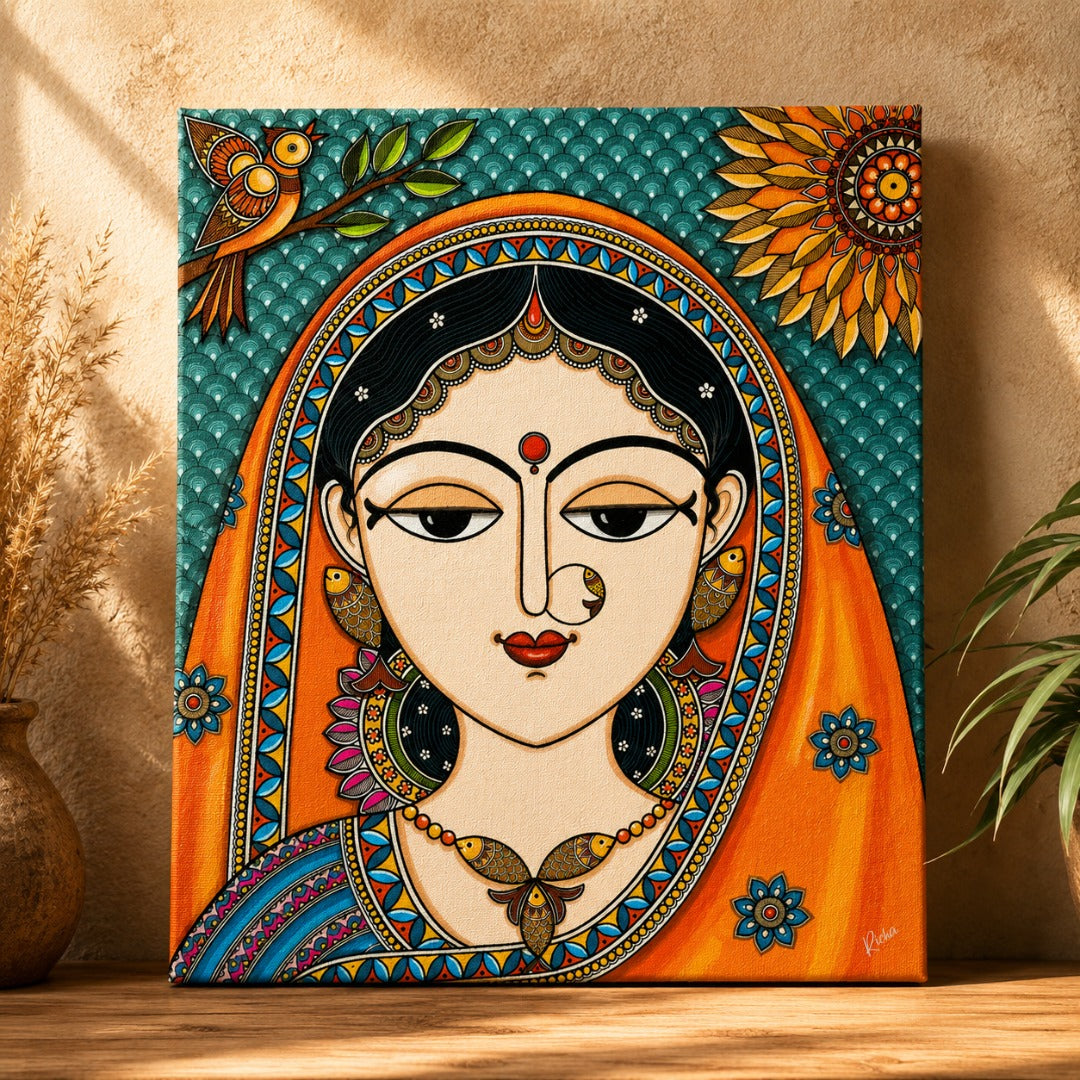 Madhubani woman portrait painting featuring traditional Mithila folk art patterns, fish motifs, floral details, and vibrant decorative elements on canvas.