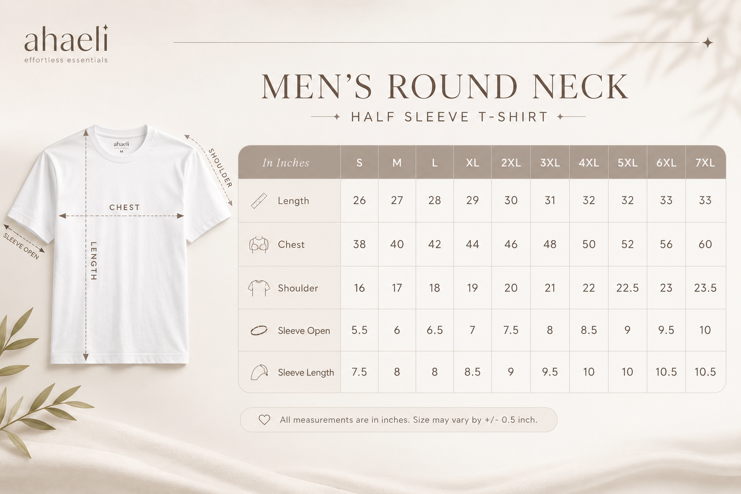 Men's round neck t-shirt size chart with chest and length measurements