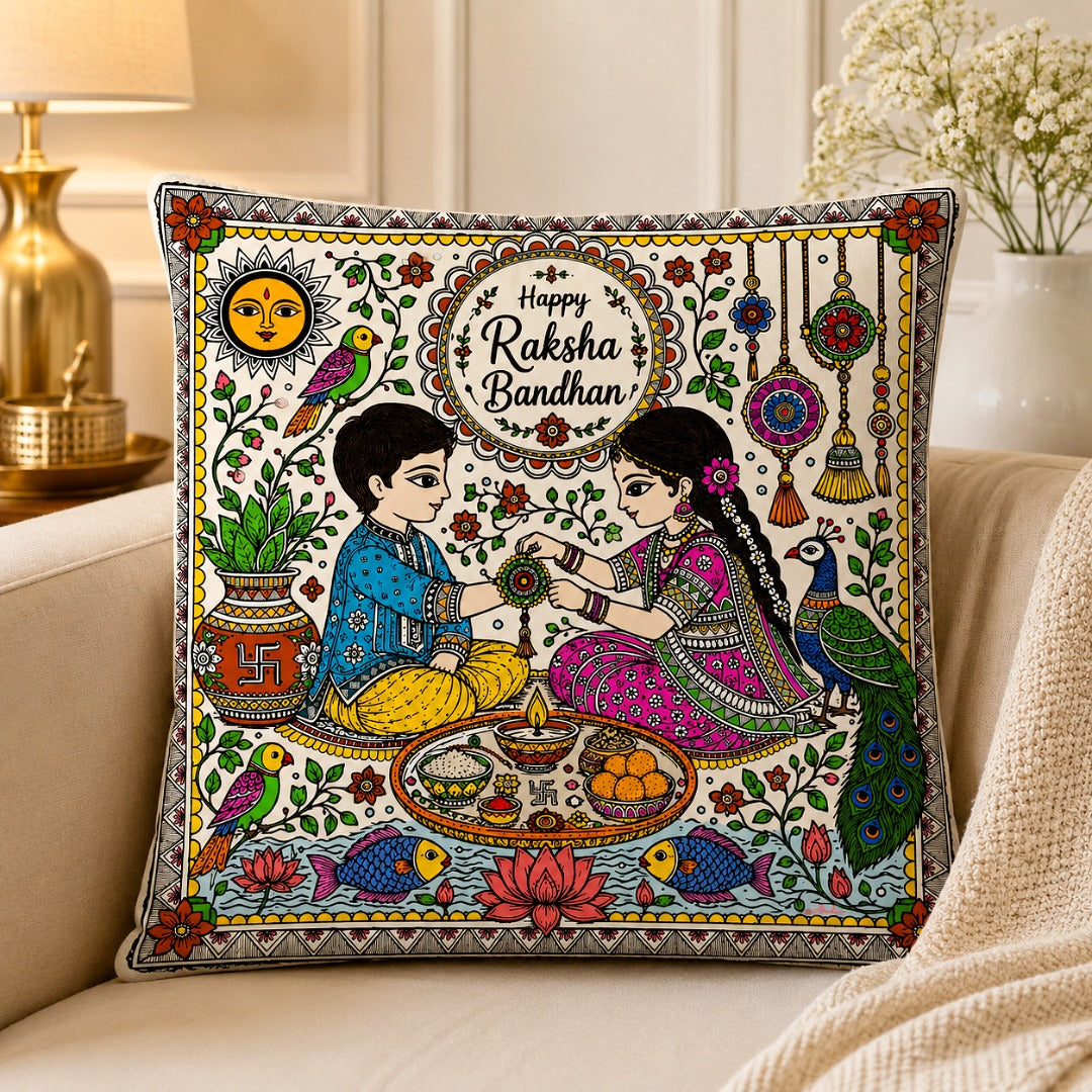 Mithila Art Raksha Bandhan Cushion Cover featuring traditional Indian folk art with brother and sister celebrating Raksha Bandhan