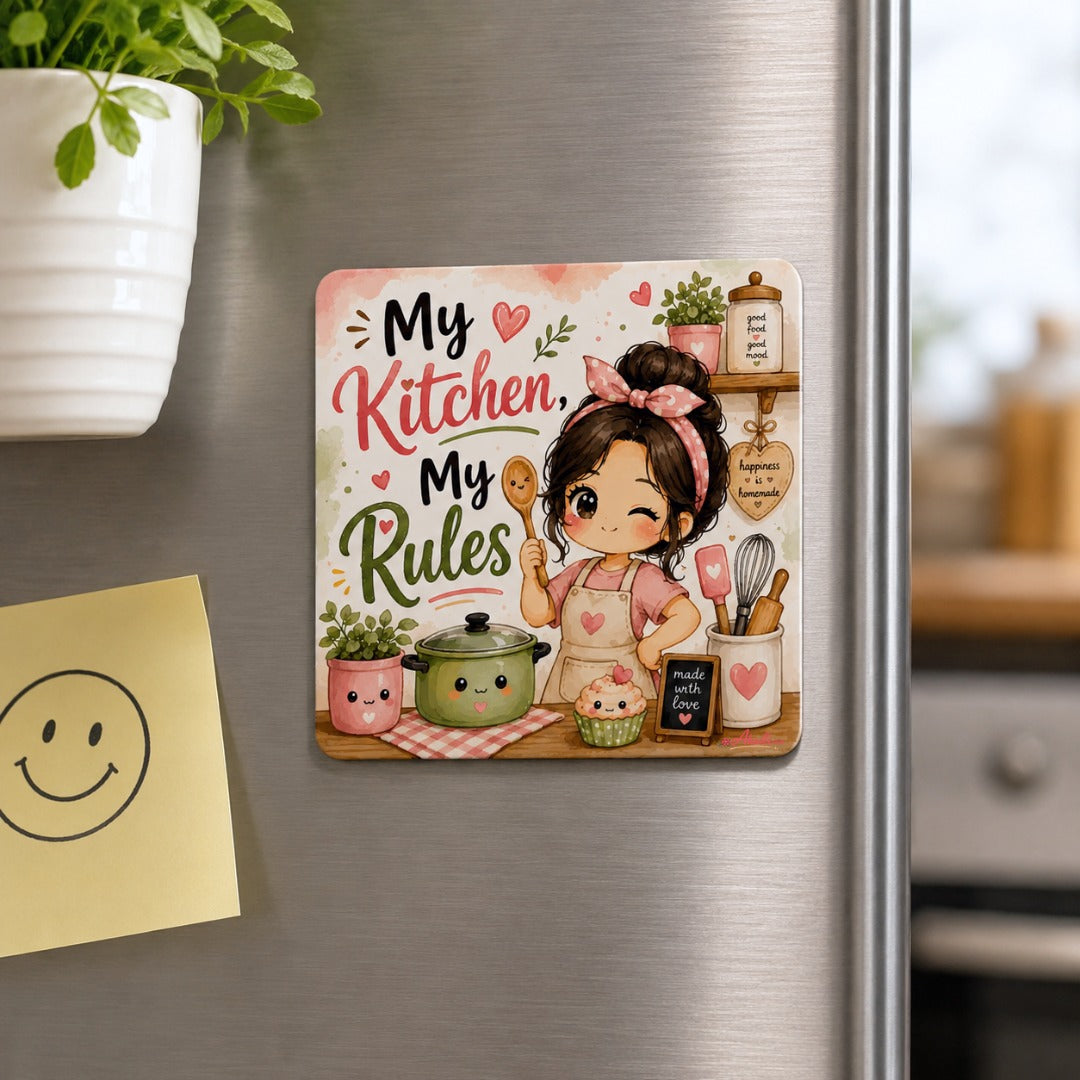 My Kitchen My Rules fridge magnet with a cute hand-illustrated chef girl, perfect kitchen decor, housewarming gift, and decorative refrigerator magnet.