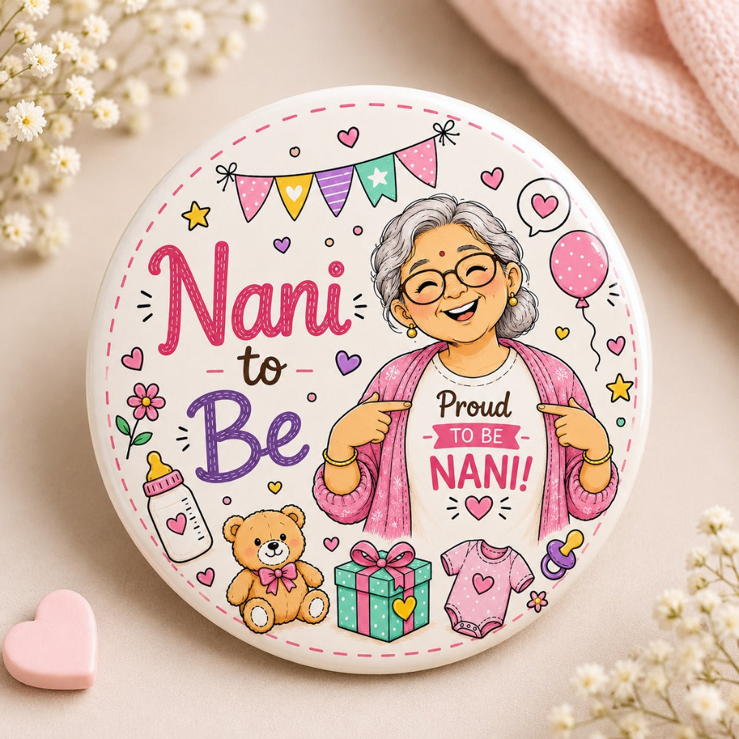 Cute Nani-to-Be baby shower badge featuring a maternal grandmother illustration on a premium 58mm keepsake pin.