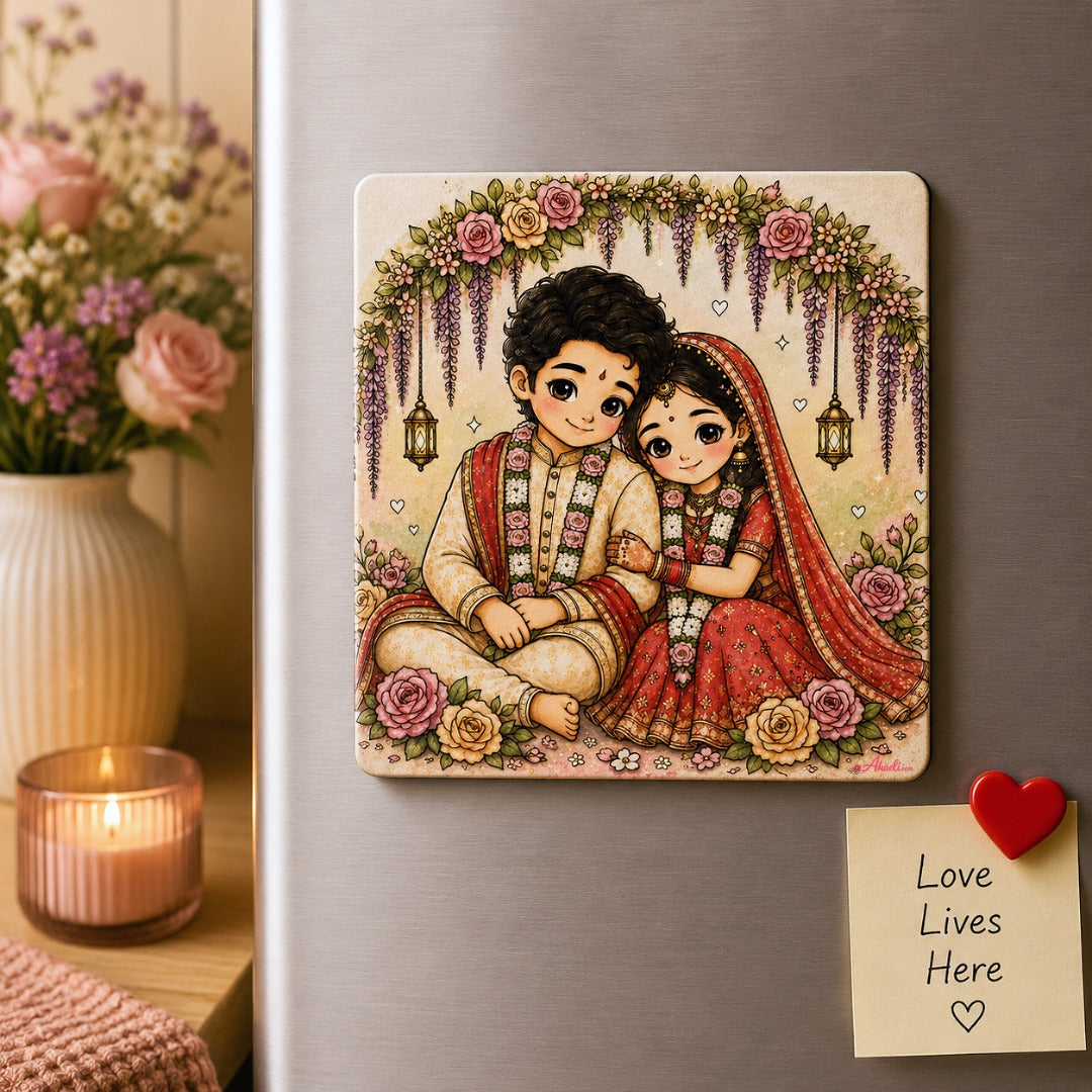 Newlywed couple wedding keepsake fridge magnet with floral artwork