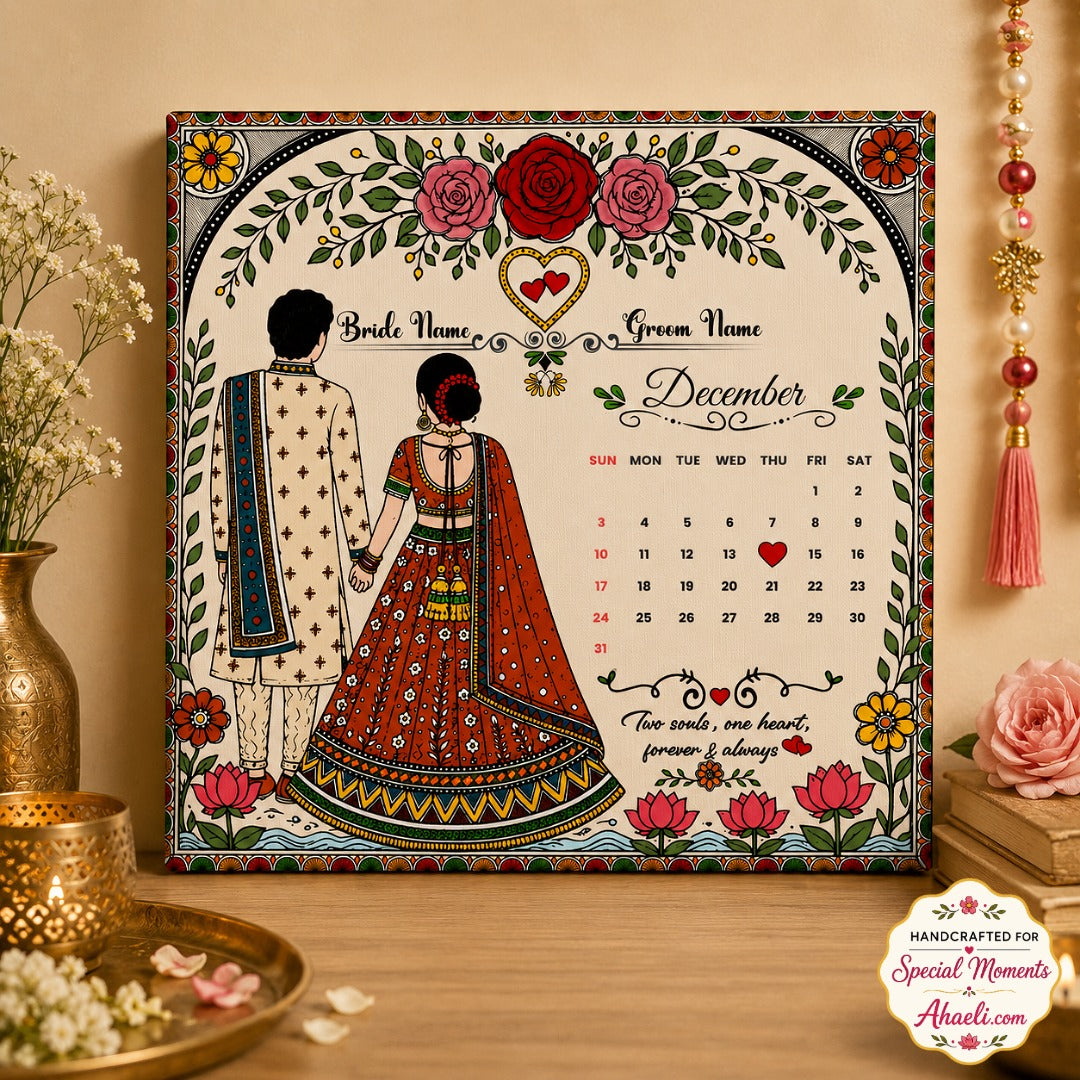 Personalized Wedding Date Canvas Art featuring bride and groom names, wedding date calendar, and traditional Madhubani artwork